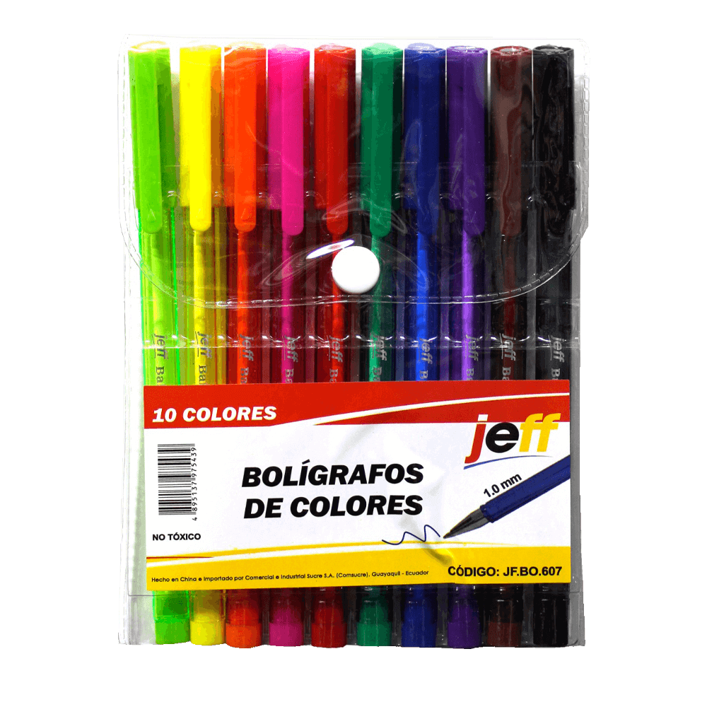 Boligrafos de colores punta media 1.0mm jeff 10 unidades